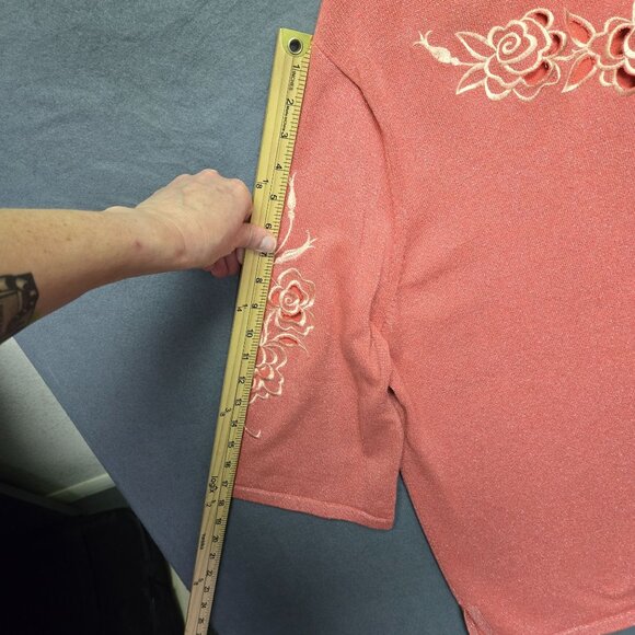 Bob Mackie Wearable Art Rose Embroidered Pink Shimmer 2X Blouse With 3/4 Sleeves - Picture 7 of 10